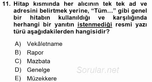 Mesleki Yazışmalar 2016 - 2017 Dönem Sonu Sınavı 11.Soru