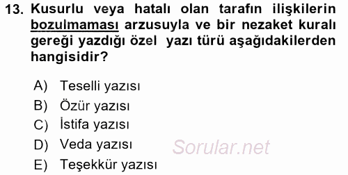 Mesleki Yazışmalar 2016 - 2017 Dönem Sonu Sınavı 13.Soru
