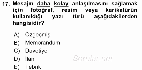 Mesleki Yazışmalar 2016 - 2017 Dönem Sonu Sınavı 17.Soru