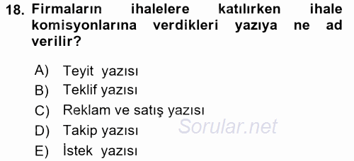 Mesleki Yazışmalar 2016 - 2017 Dönem Sonu Sınavı 18.Soru