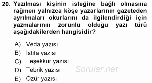 Mesleki Yazışmalar 2016 - 2017 Dönem Sonu Sınavı 20.Soru