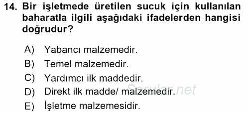 Maliyet Analizleri 2015 - 2016 Dönem Sonu Sınavı 14.Soru