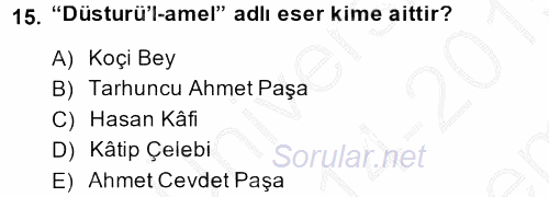 Osmanlı Merkez ve Taşra Teşkilatı 2014 - 2015 Dönem Sonu Sınavı 15.Soru