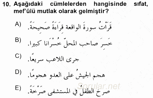 Arapça 3 2015 - 2016 Dönem Sonu Sınavı 10.Soru