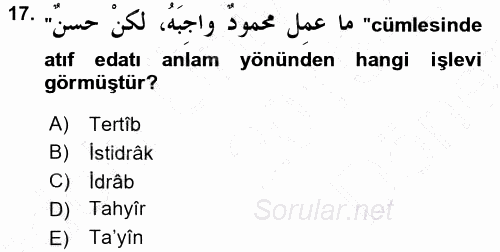 Arapça 3 2015 - 2016 Dönem Sonu Sınavı 17.Soru