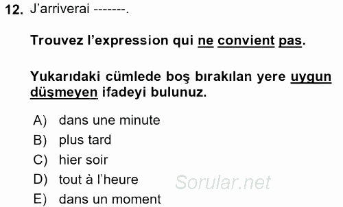 Fransızca 2 2017 - 2018 Ara Sınavı 12.Soru