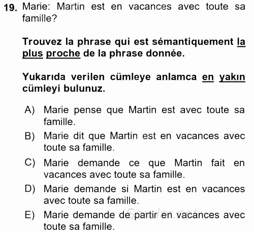 Fransızca 2 2017 - 2018 Ara Sınavı 19.Soru
