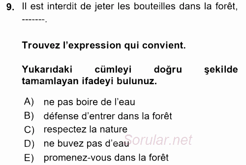 Fransızca 2 2017 - 2018 Ara Sınavı 9.Soru