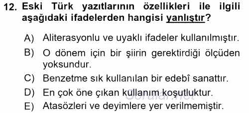 VIII-XIII. Yüzyıllar Türk Edebiyatı 2017 - 2018 Dönem Sonu Sınavı 12.Soru