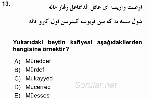 VIII-XIII. Yüzyıllar Türk Edebiyatı 2017 - 2018 Dönem Sonu Sınavı 13.Soru