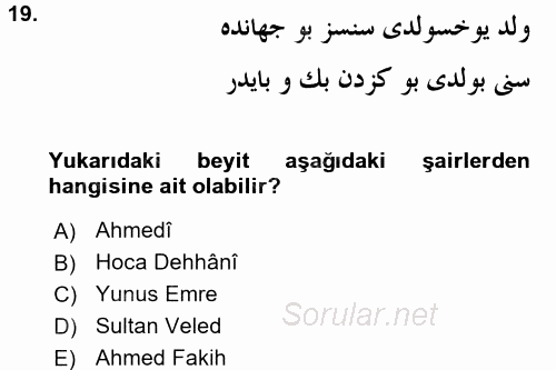 VIII-XIII. Yüzyıllar Türk Edebiyatı 2017 - 2018 Dönem Sonu Sınavı 19.Soru