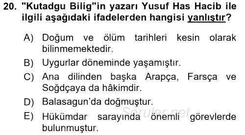 VIII-XIII. Yüzyıllar Türk Edebiyatı 2017 - 2018 Dönem Sonu Sınavı 20.Soru
