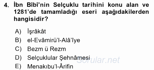 VIII-XIII. Yüzyıllar Türk Edebiyatı 2017 - 2018 Dönem Sonu Sınavı 4.Soru