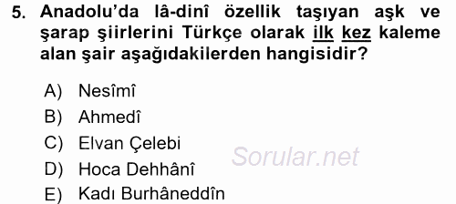 VIII-XIII. Yüzyıllar Türk Edebiyatı 2017 - 2018 Dönem Sonu Sınavı 5.Soru