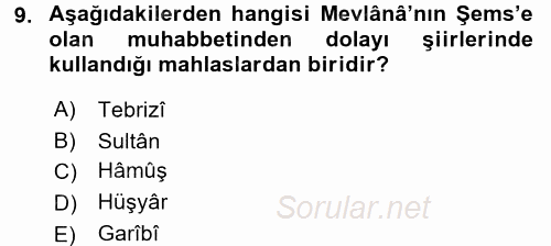 VIII-XIII. Yüzyıllar Türk Edebiyatı 2017 - 2018 Dönem Sonu Sınavı 9.Soru