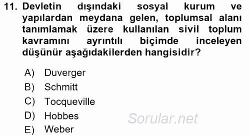 Siyaset Sosyolojisi 2016 - 2017 Ara Sınavı 11.Soru