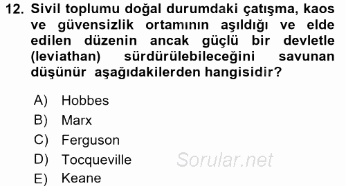 Siyaset Sosyolojisi 2016 - 2017 Ara Sınavı 12.Soru