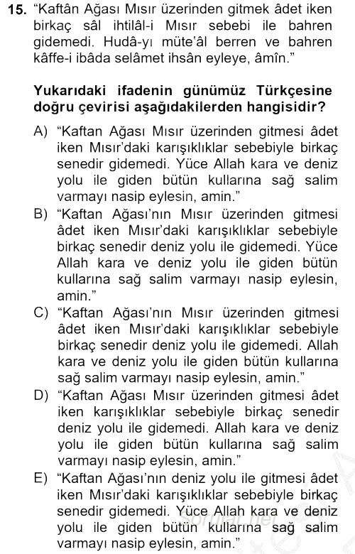 Osmanlı Türkçesi Metinleri 2 2012 - 2013 Ara Sınavı 15.Soru
