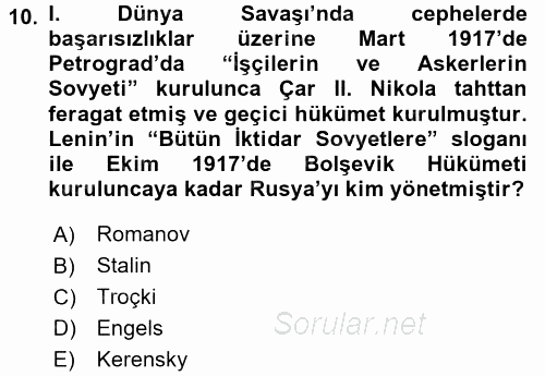 Orta Asya ve Kafkaslarda Siyaset 2017 - 2018 3 Ders Sınavı 10.Soru