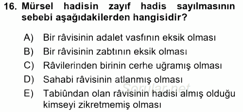 Hadis Tarihi ve Usulü 2016 - 2017 Dönem Sonu Sınavı 16.Soru