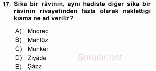 Hadis Tarihi ve Usulü 2016 - 2017 Dönem Sonu Sınavı 17.Soru