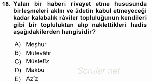 Hadis Tarihi ve Usulü 2016 - 2017 Dönem Sonu Sınavı 18.Soru