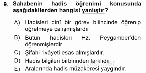 Hadis Tarihi ve Usulü 2016 - 2017 Dönem Sonu Sınavı 9.Soru