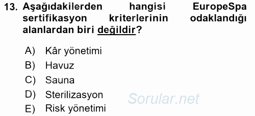 Termal ve Spa Hizmetleri 2017 - 2018 Dönem Sonu Sınavı 13.Soru