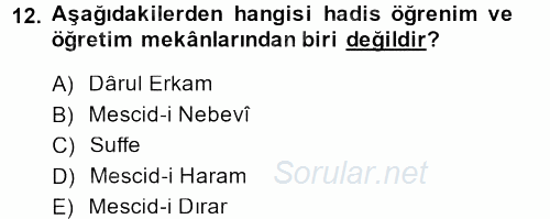 Hadis Tarihi ve Usulü 2013 - 2014 Tek Ders Sınavı 12.Soru