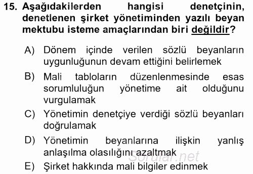 Muhasebe Denetimi ve Mali Analiz 2016 - 2017 Ara Sınavı 15.Soru