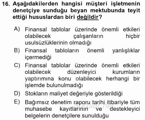 Muhasebe Denetimi ve Mali Analiz 2016 - 2017 Ara Sınavı 16.Soru