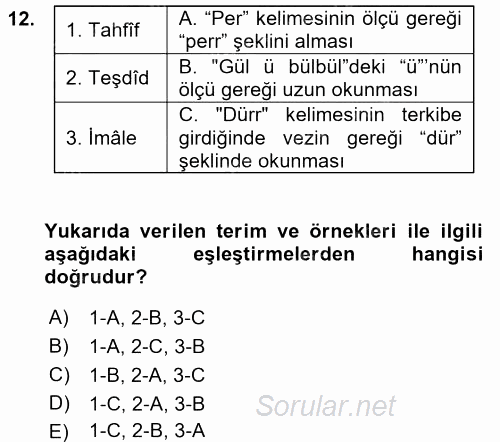 Eski Türk Edebiyatına Giriş: Biçim ve Ölçü 2017 - 2018 Dönem Sonu Sınavı 12.Soru