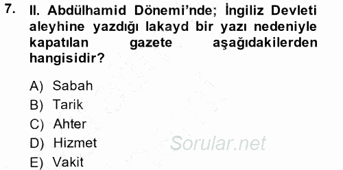 Türk Basın Tarihi 2014 - 2015 Ara Sınavı 7.Soru