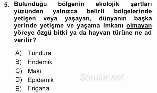 Ekoloji ve Çevre Bilgisi 2016 - 2017 Dönem Sonu Sınavı 5.Soru