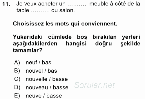 Fransızca 1 2016 - 2017 Ara Sınavı 11.Soru