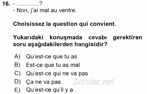 Fransızca 1 2016 - 2017 Ara Sınavı 16.Soru
