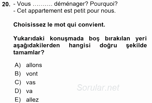 Fransızca 1 2016 - 2017 Ara Sınavı 20.Soru