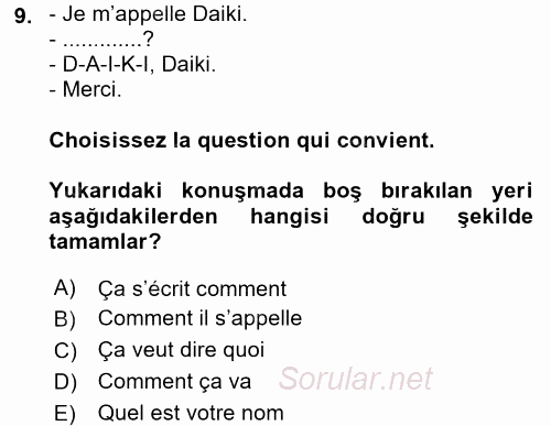 Fransızca 1 2016 - 2017 Ara Sınavı 9.Soru