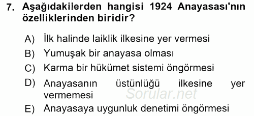 Anayasa Hukuku 2017 - 2018 Ara Sınavı 7.Soru