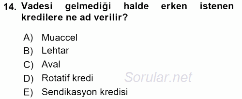 Bankalarda Kredi Yönetimi 2017 - 2018 Dönem Sonu Sınavı 14.Soru