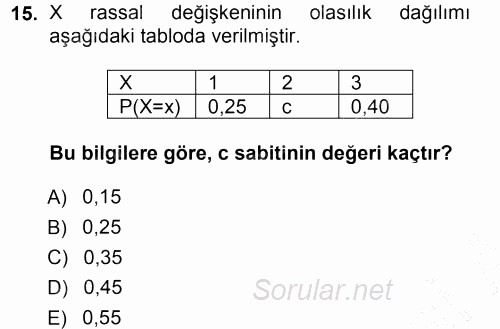 İstatistik 1 2012 - 2013 Dönem Sonu Sınavı 15.Soru