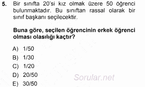 İstatistik 1 2012 - 2013 Dönem Sonu Sınavı 5.Soru