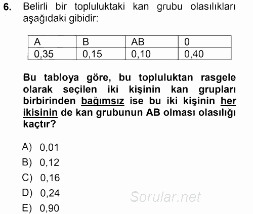 İstatistik 1 2012 - 2013 Dönem Sonu Sınavı 6.Soru