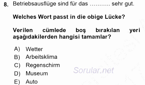 Almanca 2 2016 - 2017 Ara Sınavı 8.Soru