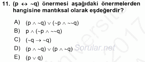 Sembolik Mantık 2016 - 2017 Ara Sınavı 11.Soru
