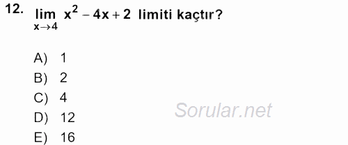 Matematik 1 2017 - 2018 Dönem Sonu Sınavı 12.Soru