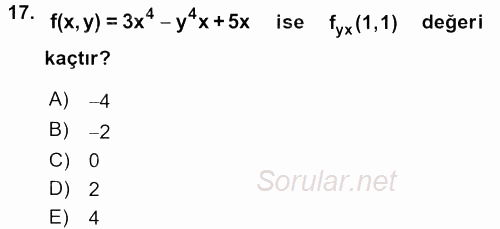 Matematik 1 2017 - 2018 Dönem Sonu Sınavı 17.Soru