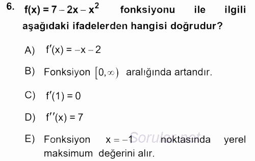 Matematik 1 2017 - 2018 Dönem Sonu Sınavı 6.Soru