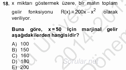 Matematik 1 2014 - 2015 Dönem Sonu Sınavı 18.Soru