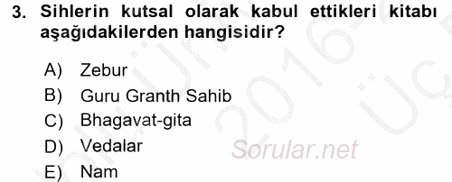 Yaşayan Dünya Dinleri 2016 - 2017 3 Ders Sınavı 3.Soru